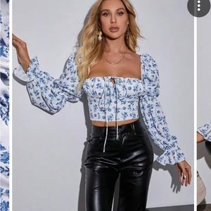 White and blue floral long sleeve crop top!